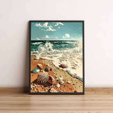 Quadro com conchas na areia e mar ao fundo 2606