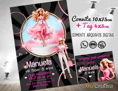 Convite Digital C/tag Boneca Barbie Rosa 3