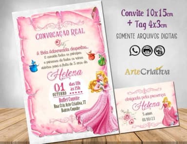 Convite Digital C/tag Pergaminho a Bela Adormecida Rosa