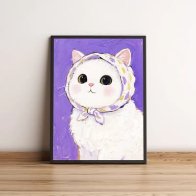 Quadro Gato Branco com Lenço Lilás Estilo Fofo 2660