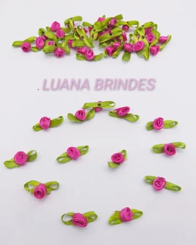 Flor rococó pink com folha - 8mm - pct c/ 60 unidades