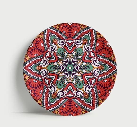 Prato Decorativo Mandala Estelar Vermelha e Verde Porcelana