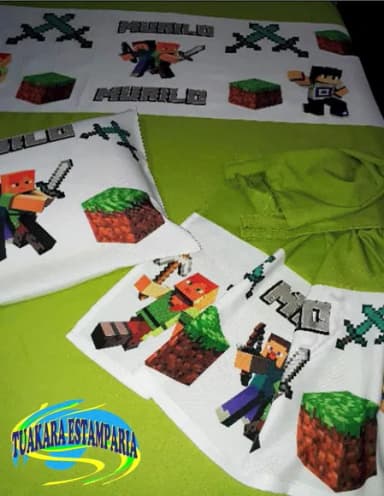 Kit Cortina + Lençol + Fronha Tema Minecraft