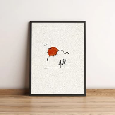 Quadro Sol Minimalista com Árvores e Nuvem 2613