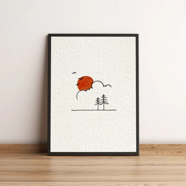 Quadro Sol Minimalista com Árvores e Nuvem 2613