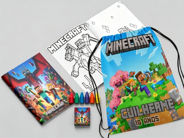 Kit Mochila e Revista de colorir para lembrancinha do Minecraft