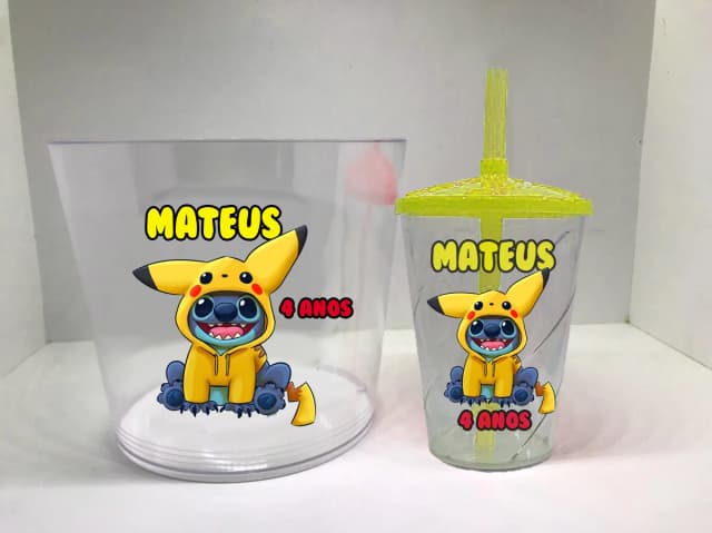 Kit Balde de Pipoca acrilico + Copo twister Personalizado Pikachu Pokemon