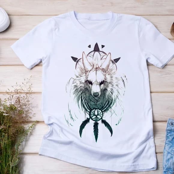 Camiseta Lobo Branco - Estilo Tribal com Filtro dos Sonhos