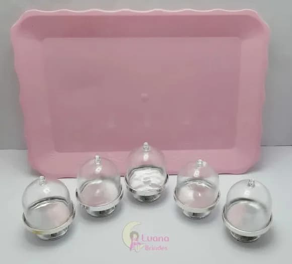 Kit Bandeja Rosa c/Mini Cúpulas Transparente de plástico.