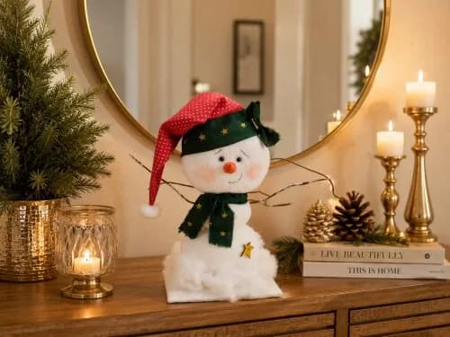 Boneco de Neve Natalino Artesanal em Feltro 24 cm | Decoração de Natal para Mesa, Aparador e Sala
