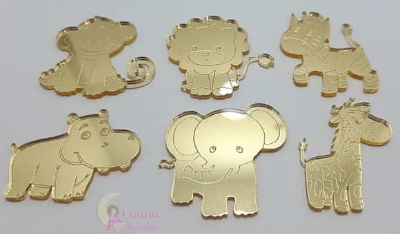 Apliques Animais Safari de Acrílico Espelhado Dourado -6 Uns