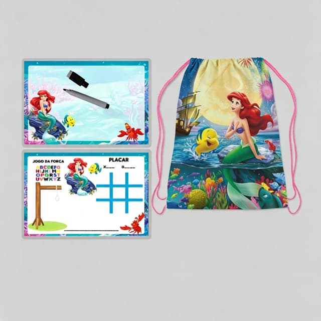 Kit Mochilinha e Lousa Magica lembrancinhas da Sereia Ariel