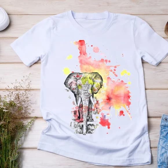 Camiseta Elefante Estampa Artística em Aquarela