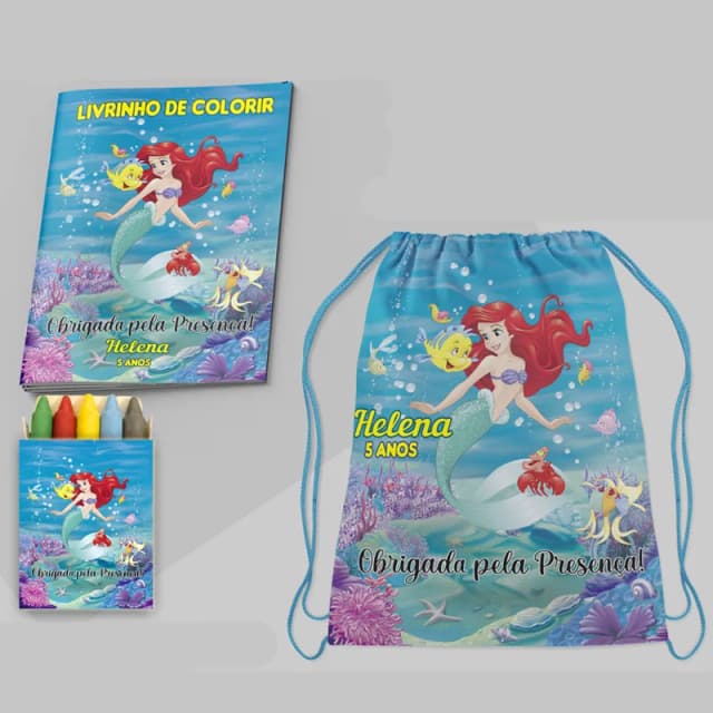 Kit Lembrancinhas Mochila e Revista de colorir da Sereia Ariel