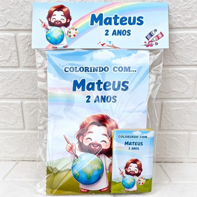 Kit Colorir Revista com Giz de cera Personalizado  Amigo Jesus