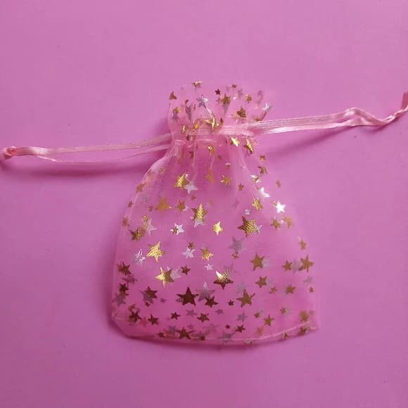 Saquinho Organza Cristal Rosa com Estrela com Fita 9x11cm