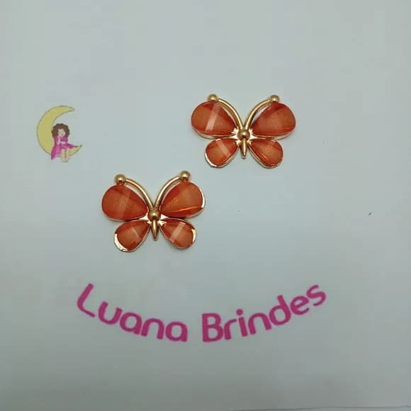 Borboleta Aplique Laranja Metal Dourado 2,5cm Pct 2 unidades