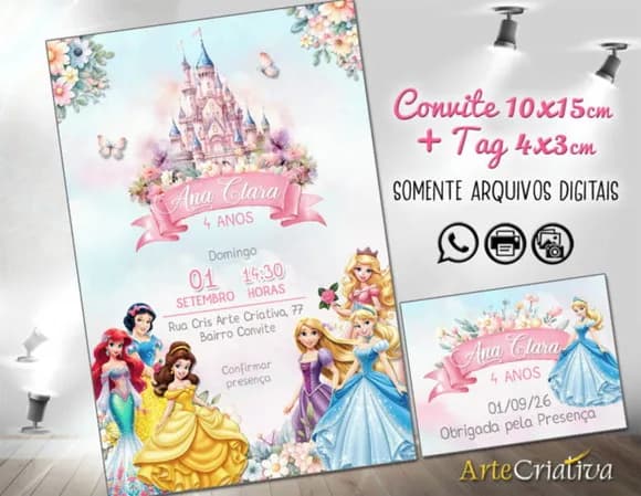 Convite Digital C/tag Princesas Disney