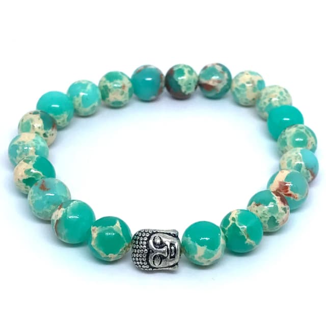 Pulseira em Pedras Jaspe Imperial Verde Agua com entremeio Buda prateado