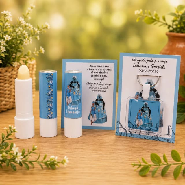 Kit Lembrancinha - 15 UNI Chaveiro + 15 UNI Hidratante Labial Manteiga de cacau Iemanjá PERSONALIZAMOS QUALQUER TEMA