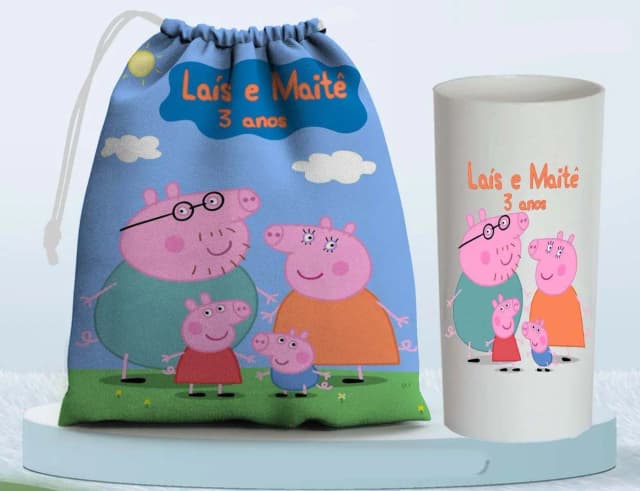 Kit Saquinho Surpresa e Copo Long Drink Personalizado da Peppa