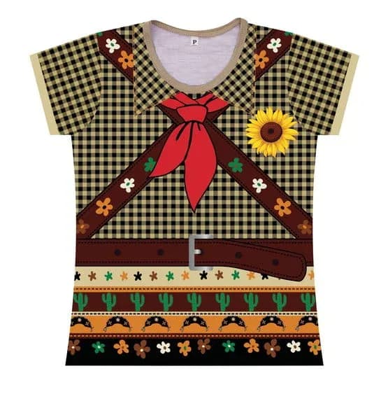 Blusa Fantasia Adulto Espantalho Caipira de Festa Junina com Girassol