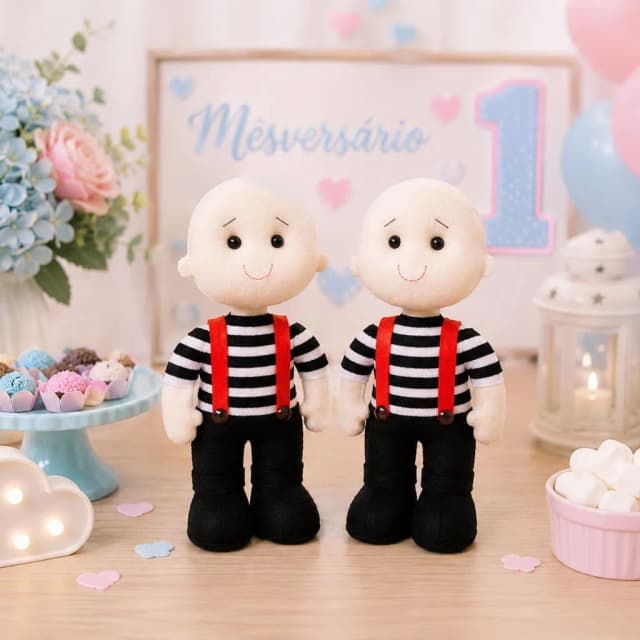 Boneco Irmãos Gêmeos Tweedledee e Tweedledum - Tema Alice Em Feltro 2 peças