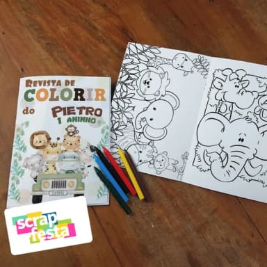 Revista Colorir + Giz de Cera Festa Safari Aquarela