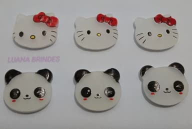 Aplique Panda e Hello Kitty de borracha - pct c/ 8 unidades