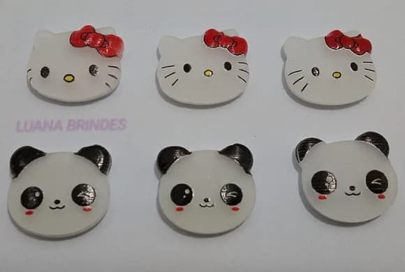 Aplique Panda e Hello Kitty de borracha - pct c/ 8 unidades