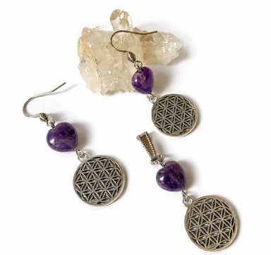 Conjunto Místico Brinco e Pingente Mandala Flor da Vida com Ametista Coração