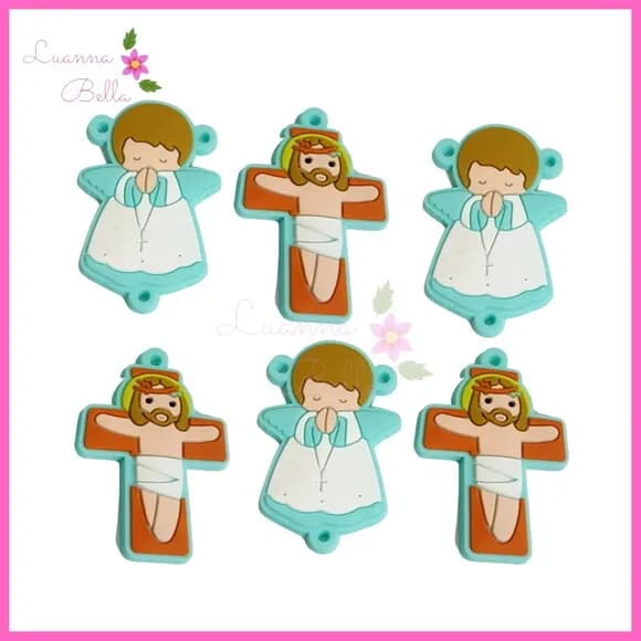 Pingentes Jesus Crucificado e Anjo verde Agua -Pct c/6 unds