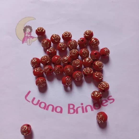 Bolinha Vermelha com Flor Dourada 8mm Pct 100 Unidades