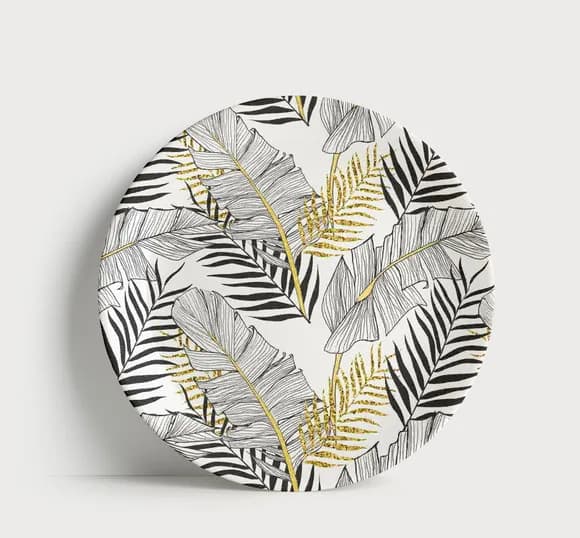 Prato Decorativo Folhagem em Preto e Branco com Detalhes