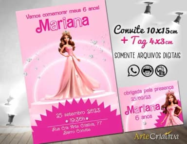 Convite Digital C/tag Boneca Barbie Rosa 6