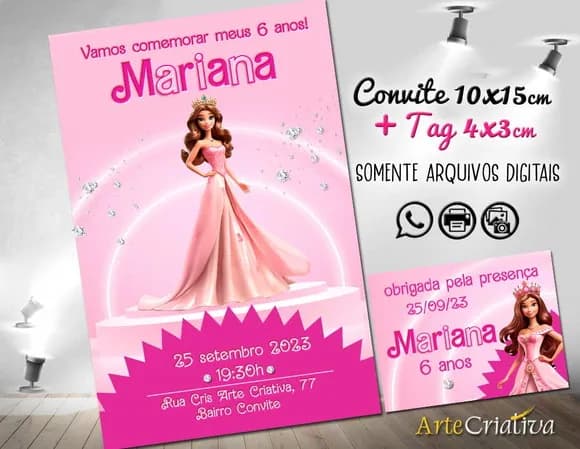 Convite Digital C/tag Boneca Barbie Rosa 6