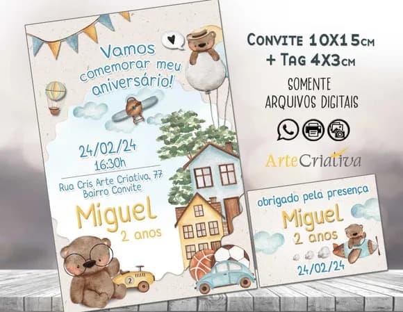 Convite Digital C/tag Ursinho com Brinquedos