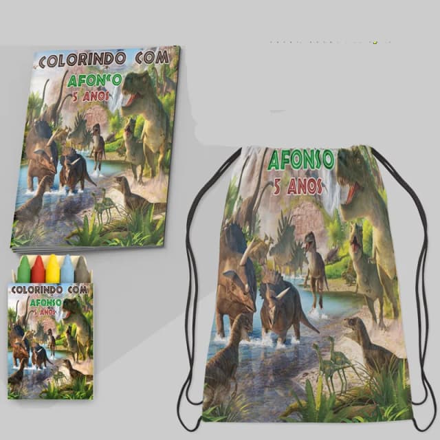 Kit Mochila e Revista de colorir para lembrancinha dos Dinossauros
