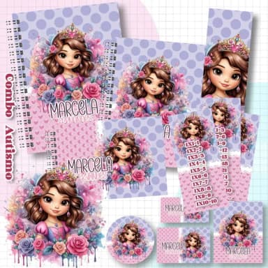 Caderno + Etiquetas + Tag Personalizada + Lápis Princesa