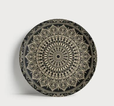 Prato Decorativo Mandala Étnica Preto e Bege 21cm Porcelana
