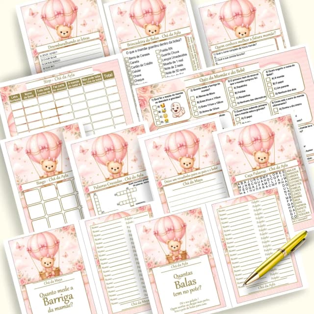 Kit 4 Brincadeiras Chá de Brincadeiras para Imprimir PDF Personalizado