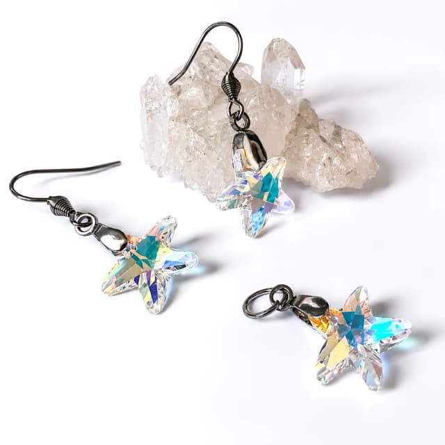 Conjunto Brinco e Pingente estrela do mar de Cristal Aço Inox Hipoalergênico