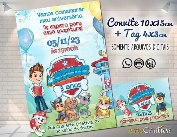 Convite Digital C/tag Patrulha Canina Aquarela