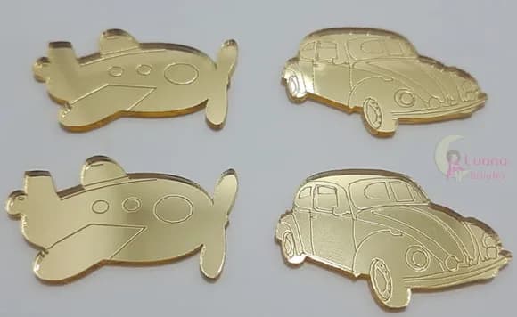 Apliques Veículos Acrílico Espelhado Dourado -pct C/6 Unid