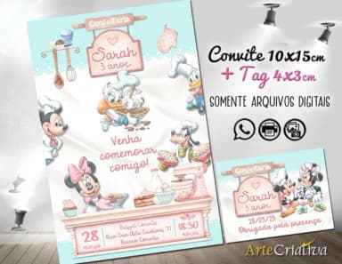 Convite Digital C/tag Confeitaria Turma Mickey Aquarela