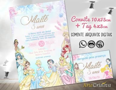 Convite Digital C/tag Princesas Disney Aquarela Candy