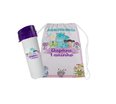 kit mochilinha e Garrafinha tema Monstros SA