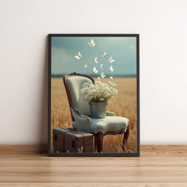 Quadro Campo Vintage com Borboletas e Flores 2618