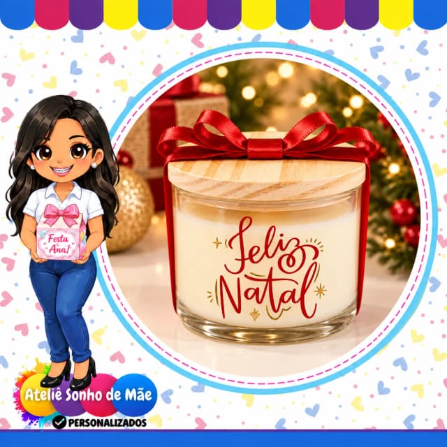 Vela Aromática Natalina Personalizada em Pote de Vidro com Tampa e Laço – Presente de Natal