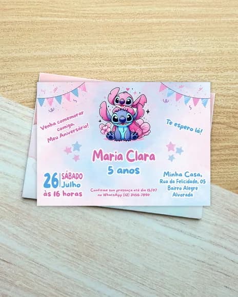 Convite de Aniversário Stitch com Envelope